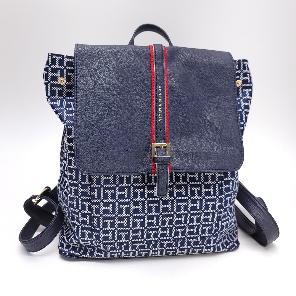 Tommy Hilfiger Backpack Purse Bag Navy Blue Red Tote Shoulder Snap Y2K Mosaic